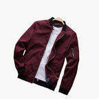 Maroon jacket with black trim on a white background