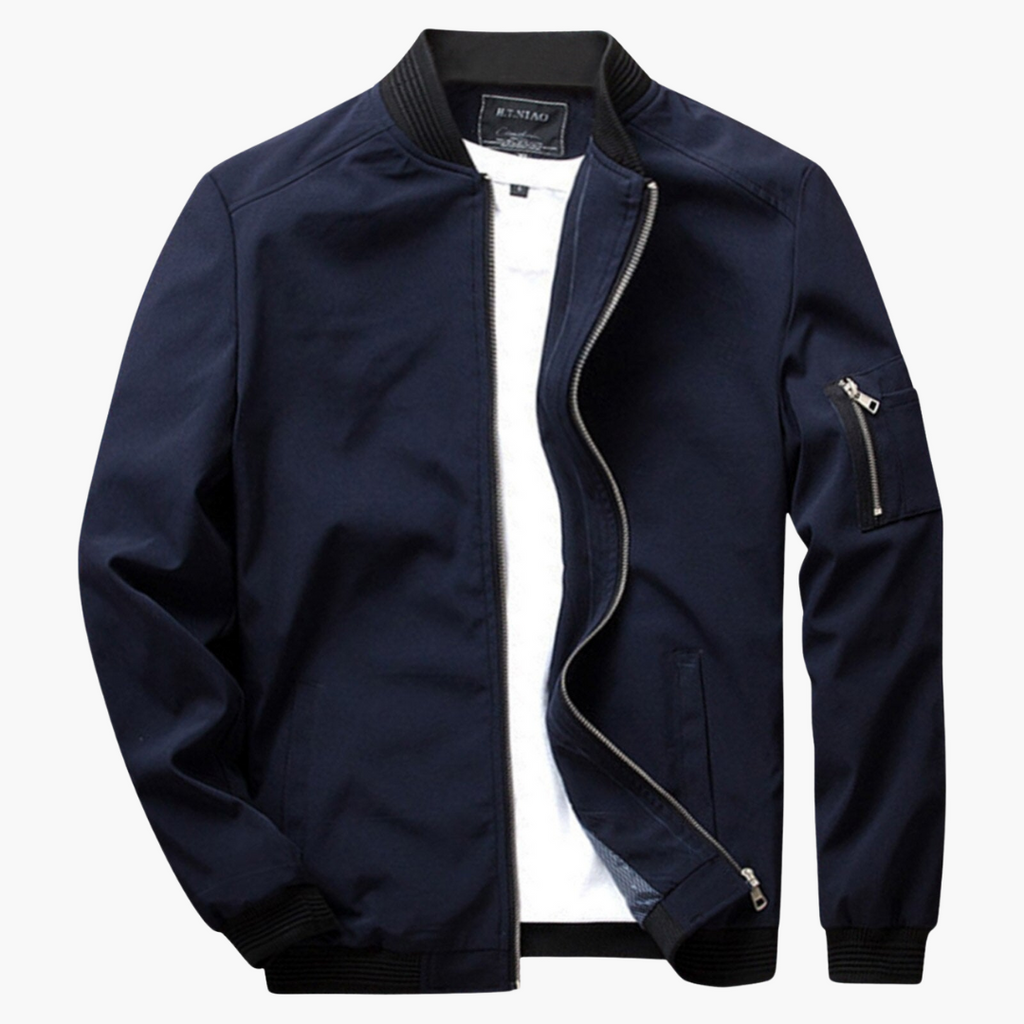 Navy blue bomber jacket on a white background