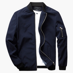 Navy blue bomber jacket on a white background