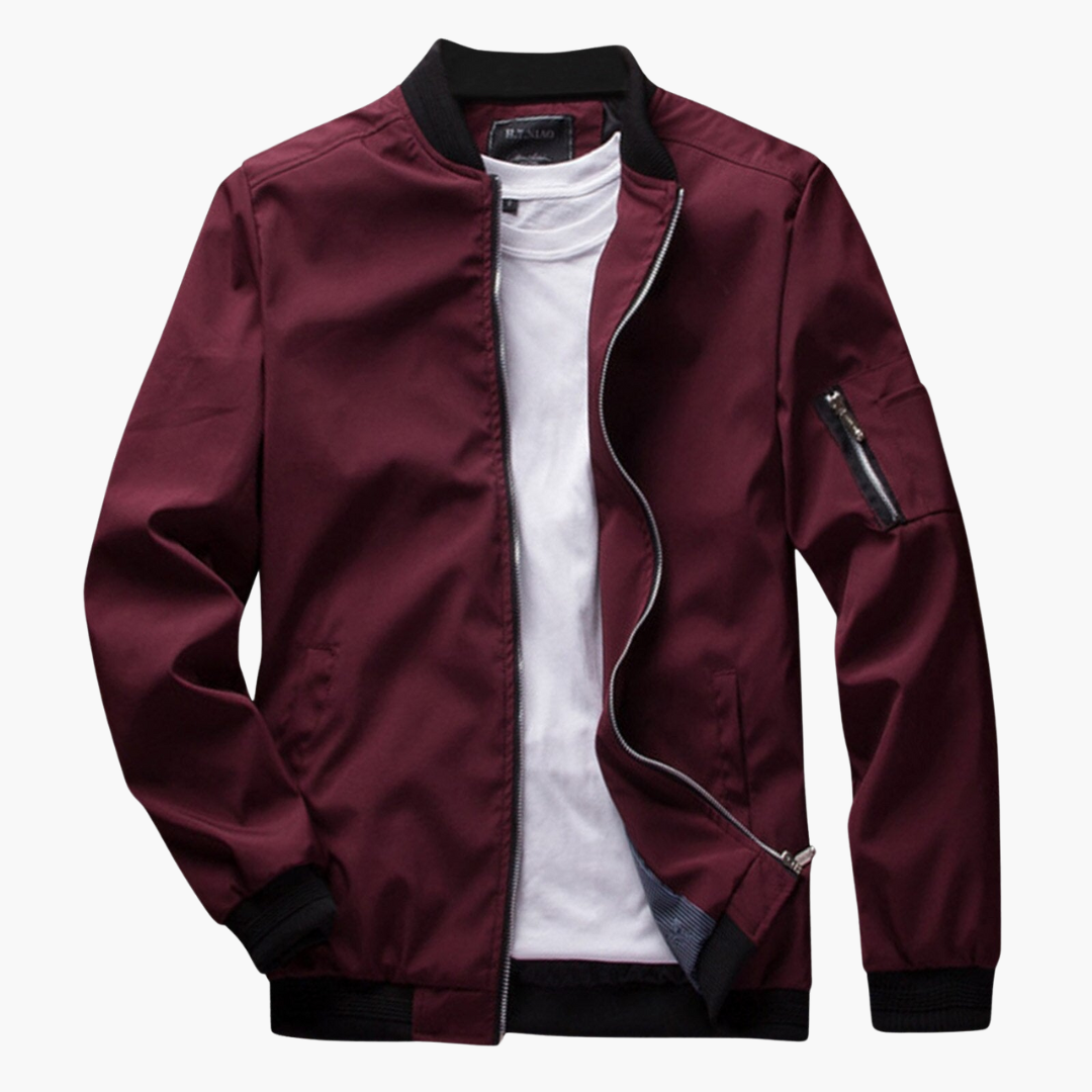 Maroon jacket with black trim on a white background