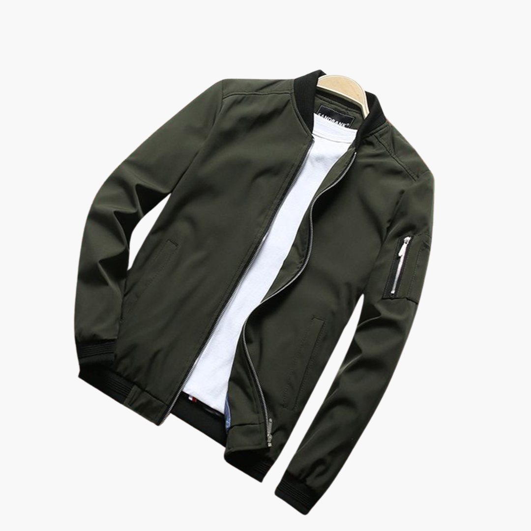 Green jacket with a white shirt underneath on a white background
