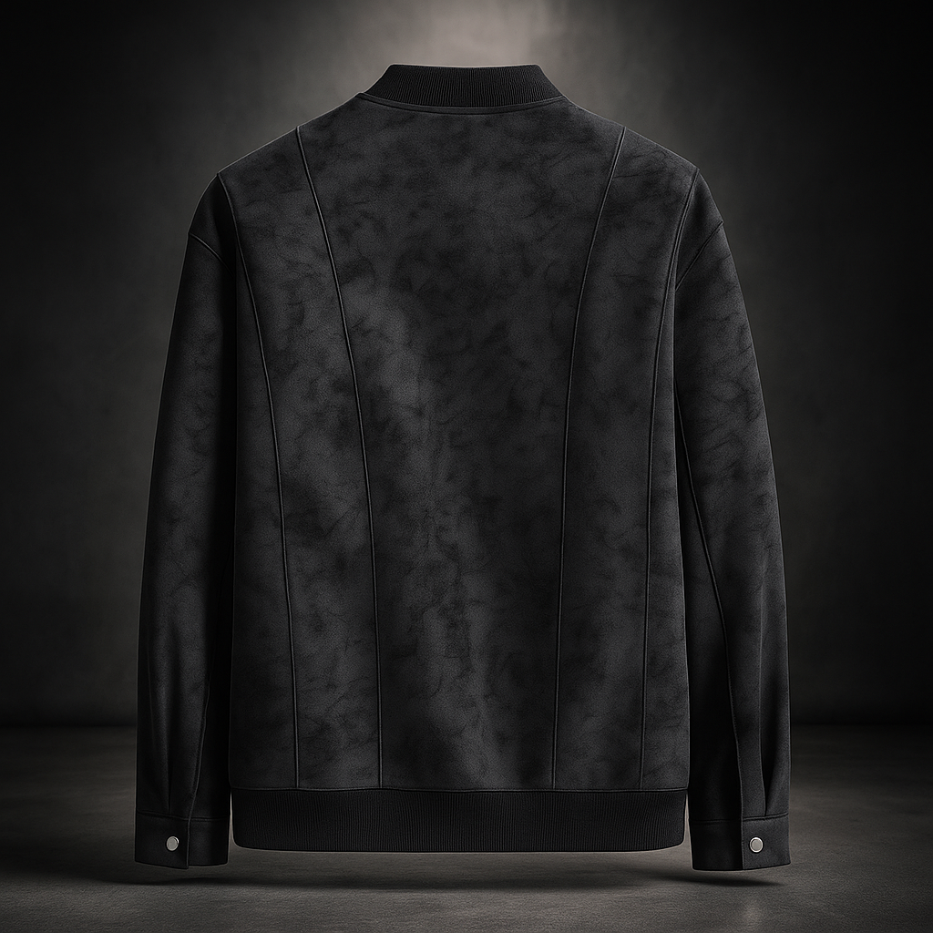 Black leather jacket shown from the back on a dark background