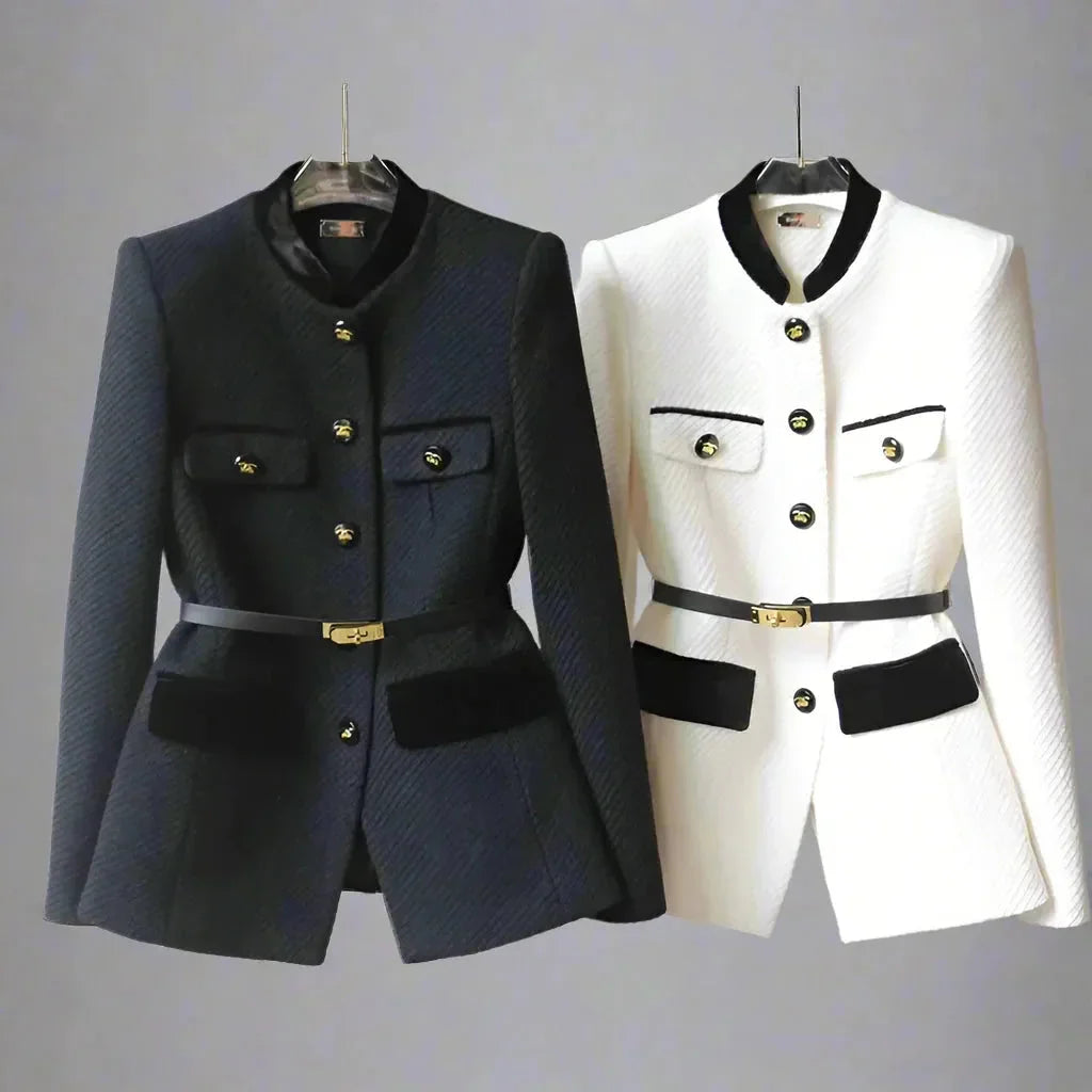 Women's Tweed Belted Blazer | Gold Button Workwear