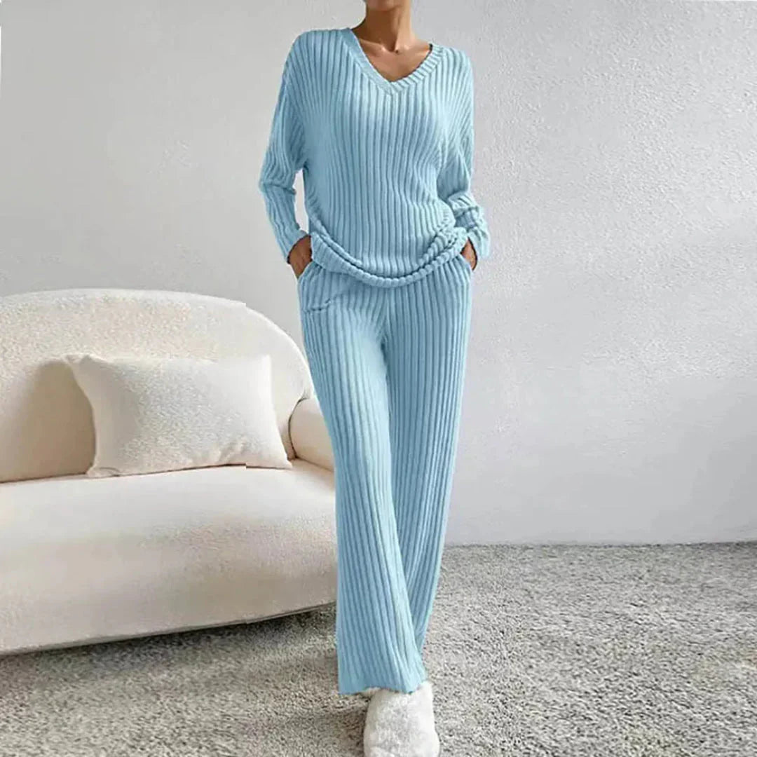 Women's V-Neck Loungewear Set | Cozy Wide-Leg Suit