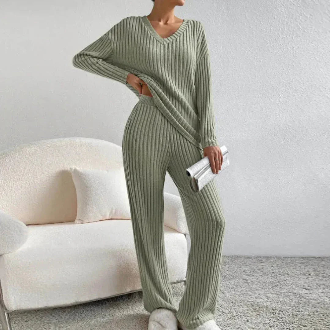 Women's V-Neck Loungewear Set | Cozy Wide-Leg Suit