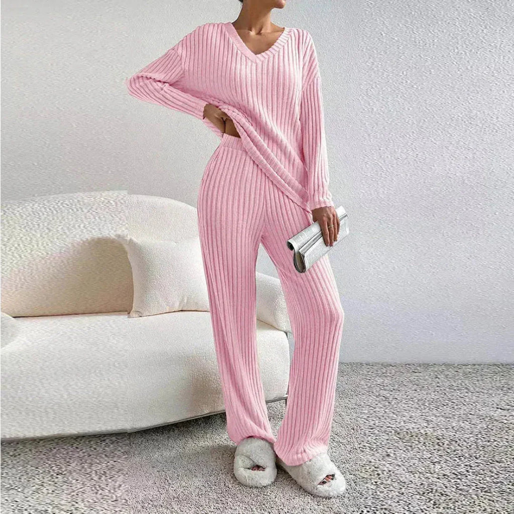 Women's V-Neck Loungewear Set | Cozy Wide-Leg Suit