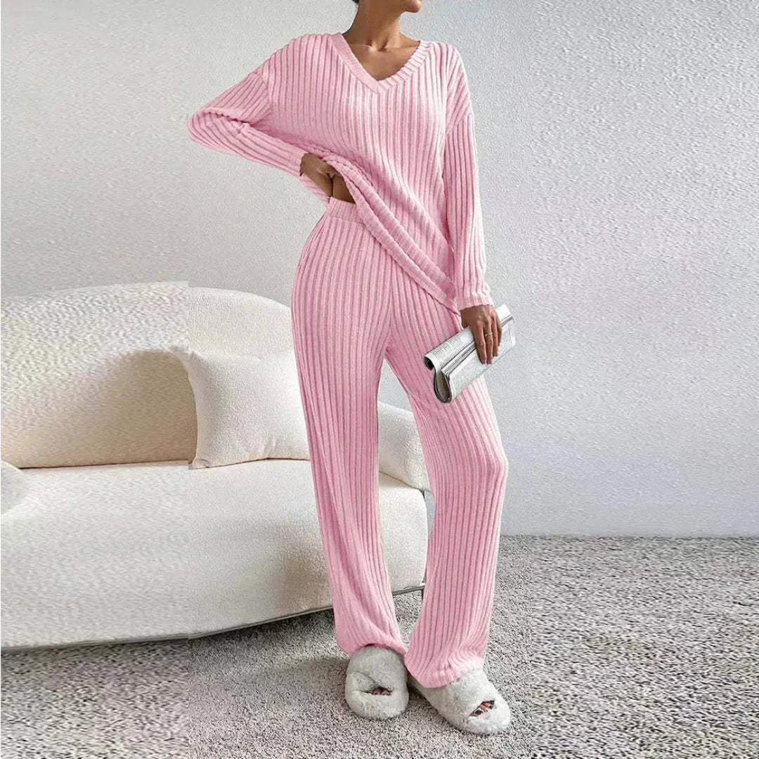Women's V-Neck Loungewear Set | Cozy Wide-Leg Suit