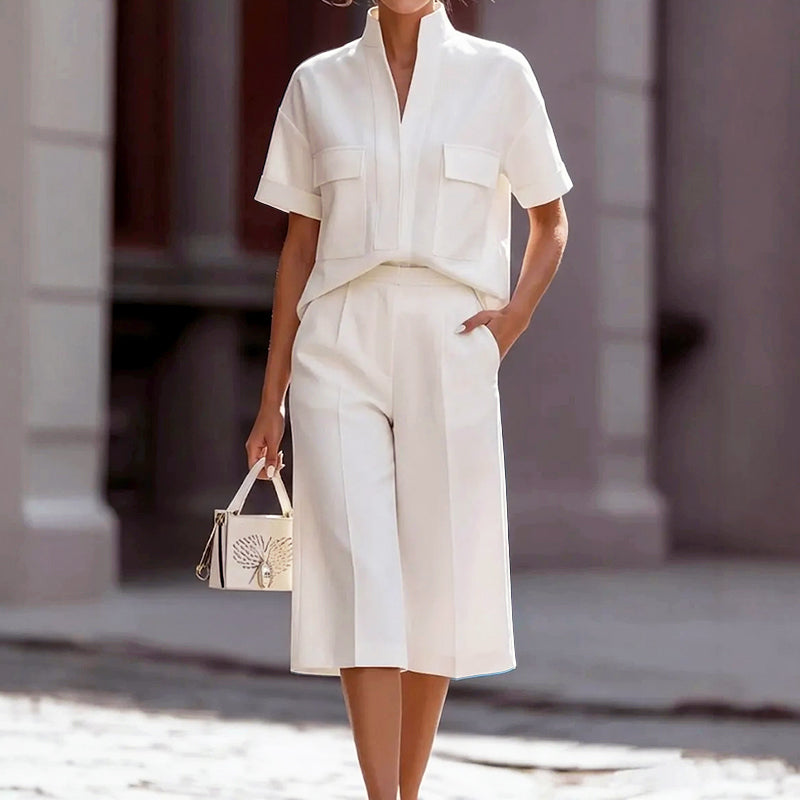 Women's Pocket Top & Wide-Leg Culotte Set | Chic Outfit