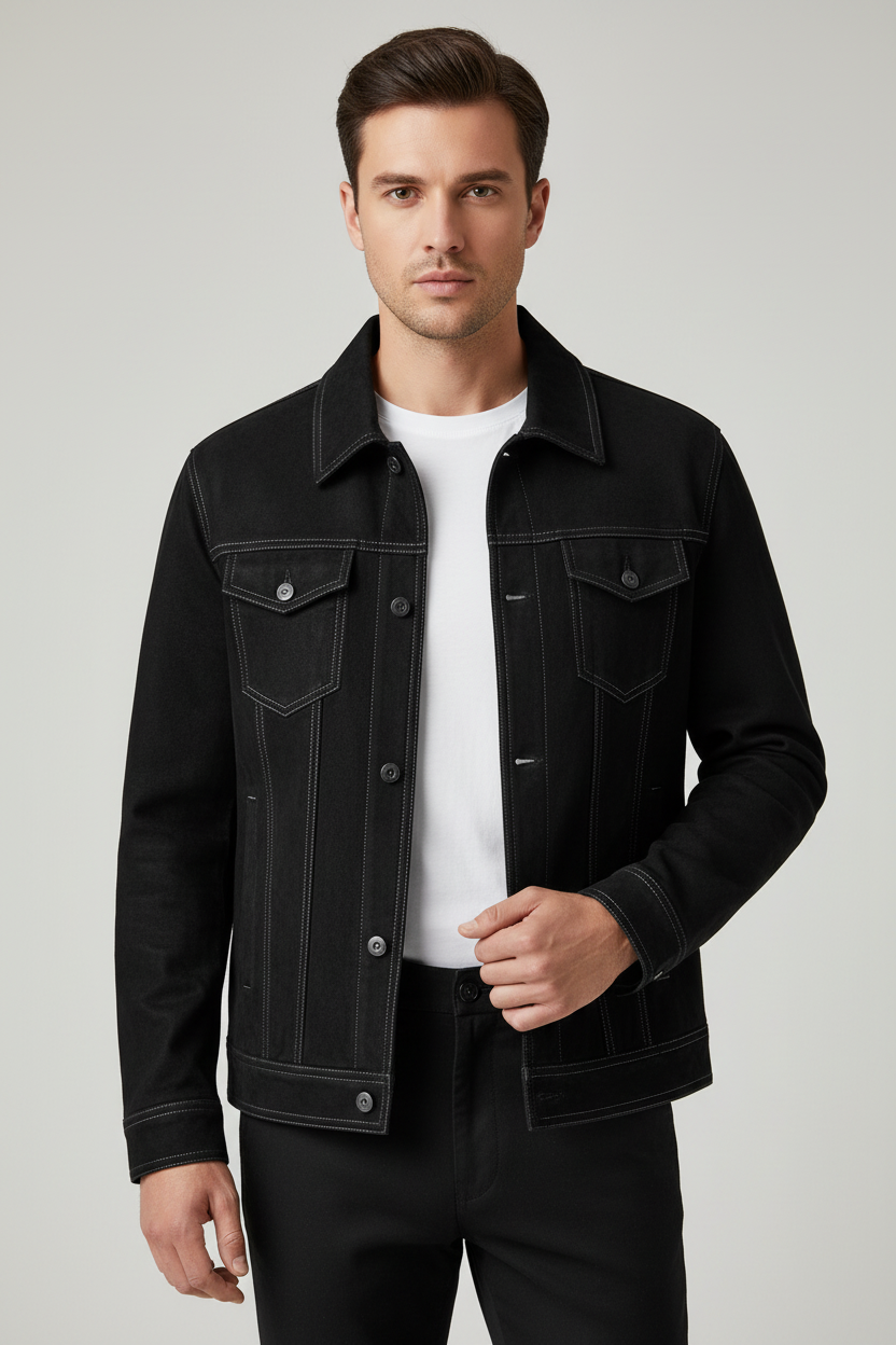 A man wearing a black denim jacket with contrast white stitching over a white t-shirt and black pants, photographed against a neutral light gray studio background.