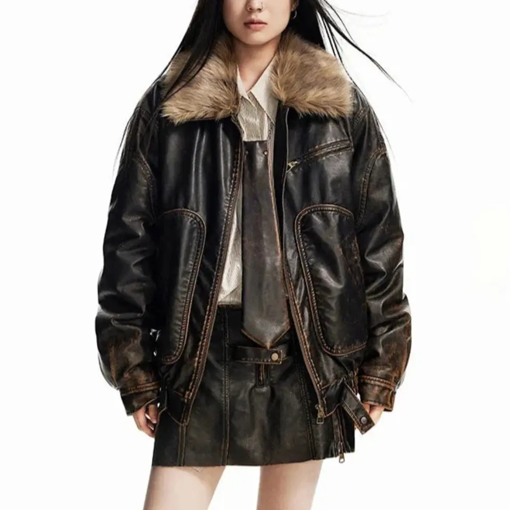 Women's Vintage Leather Jacket | Faux Fur Collar Coat