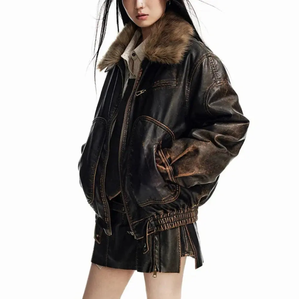Women's Vintage Leather Jacket | Faux Fur Collar Coat