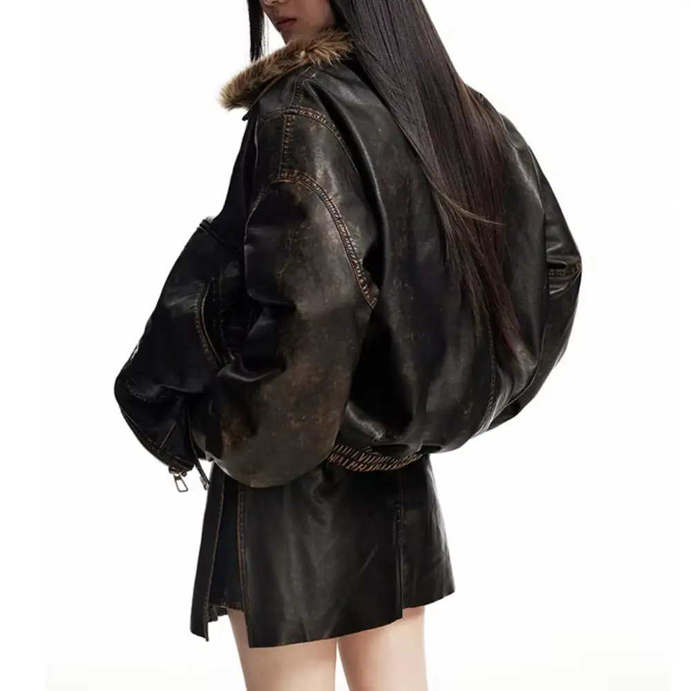 Women's Vintage Leather Jacket | Faux Fur Collar Coat