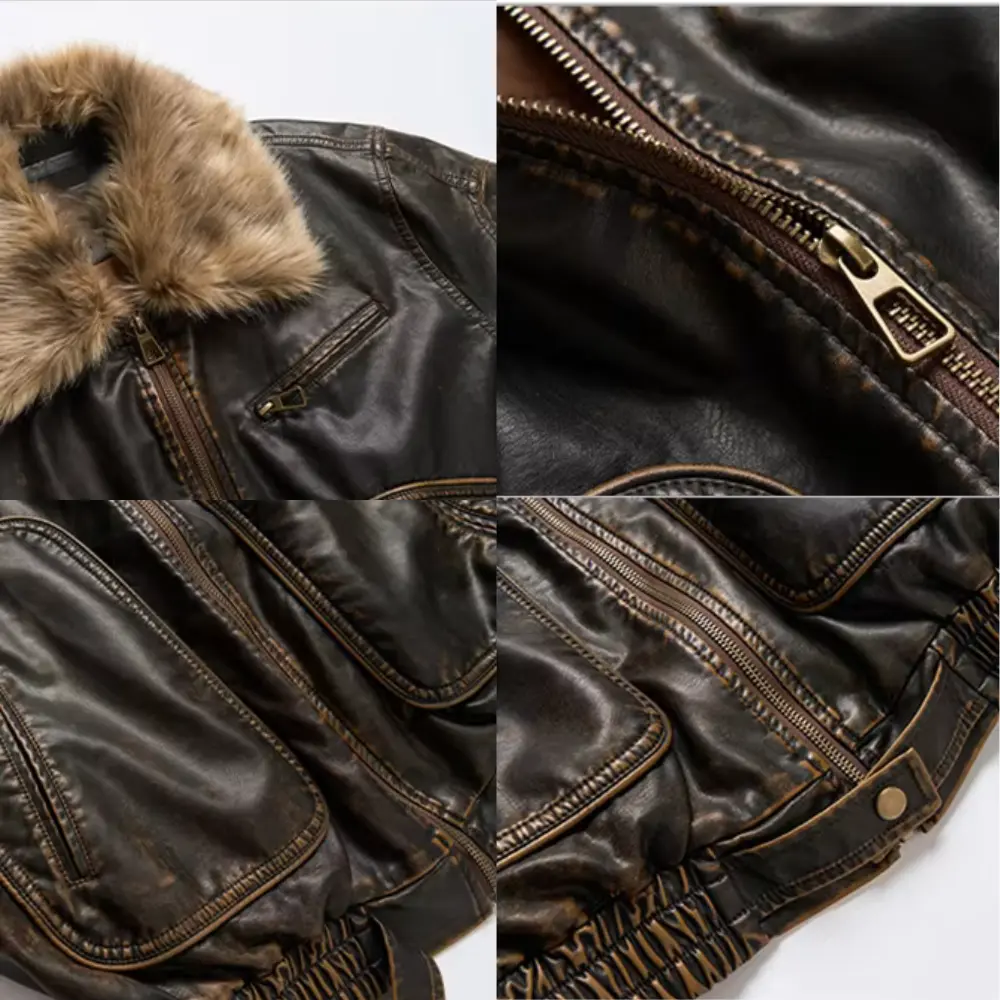 Women's Vintage Leather Jacket | Faux Fur Collar Coat