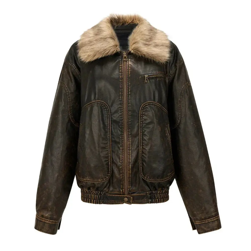 Women's Vintage Leather Jacket | Faux Fur Collar Coat