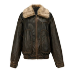 Women's Vintage Leather Jacket | Faux Fur Collar Coat