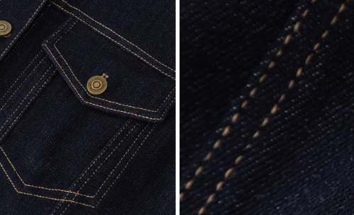 Close-up detail of dark indigo denim fabric showing contrast tan stitching, a pocket flap with a brass-tone button, and a tight fabric texture view.