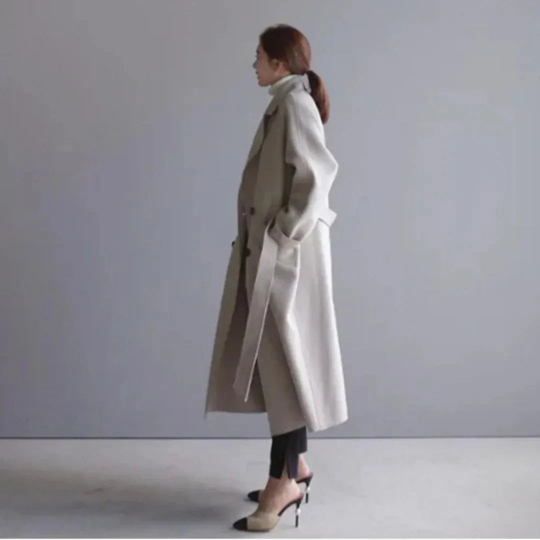 Women's Waist-Cinching Wool Coat | Draped Mid-Length