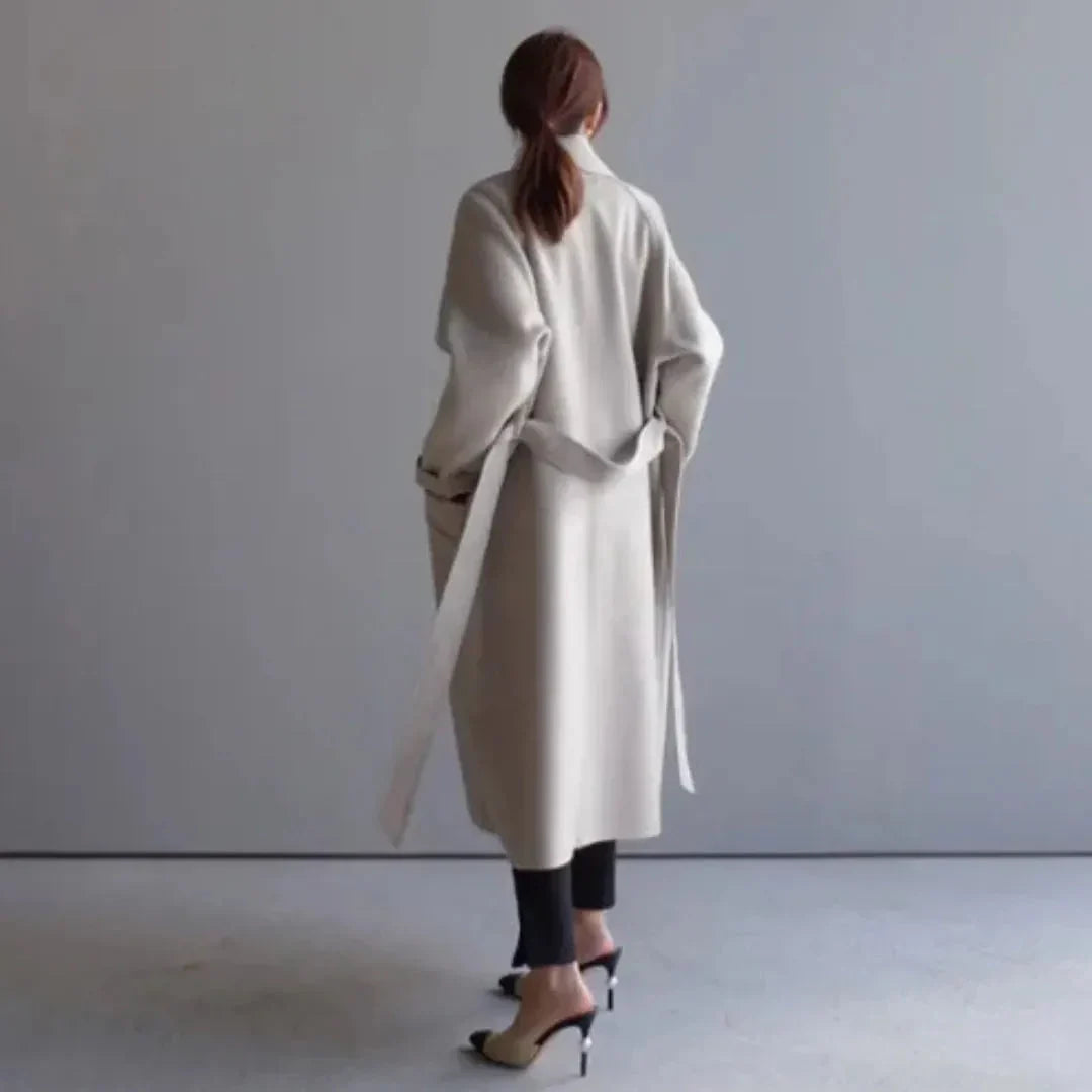 Women's Waist-Cinching Wool Coat | Draped Mid-Length