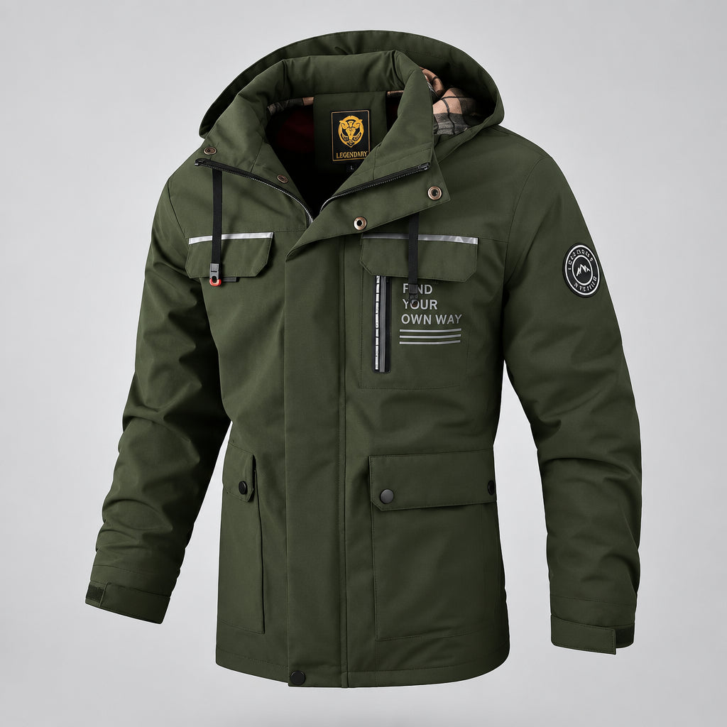 Green winter jacket with a blurred snowy background