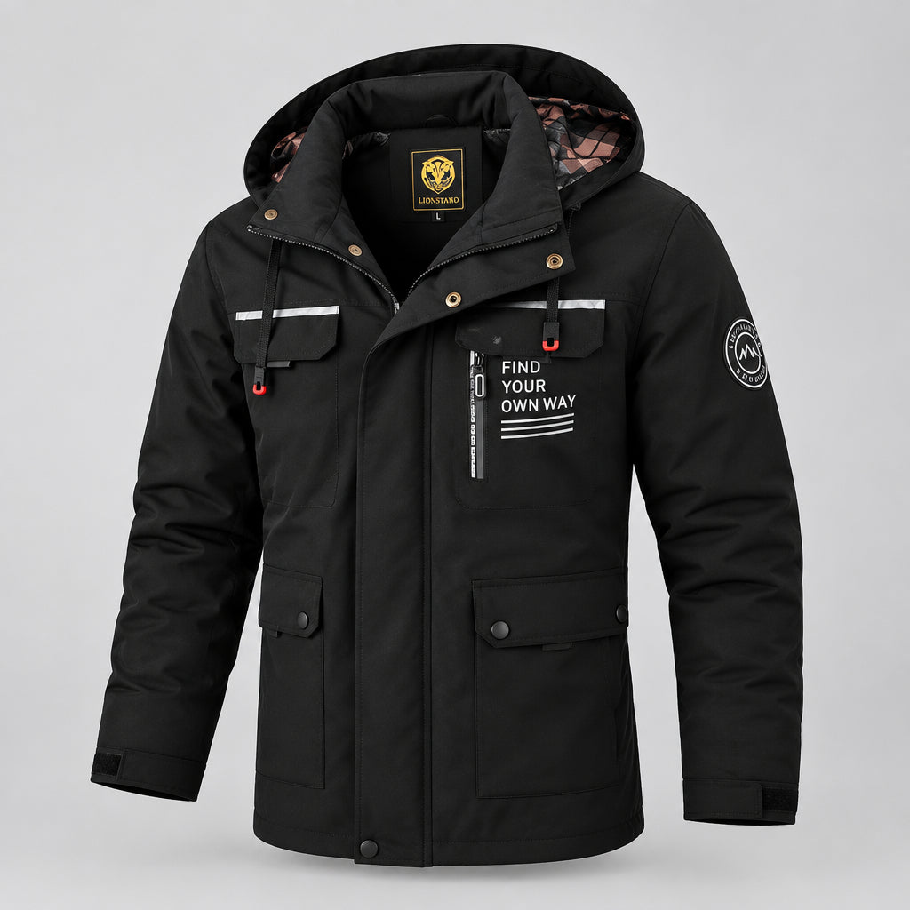 Black jacket with visible branding against a snowy background