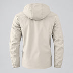 Beige hooded jacket on a light gray background