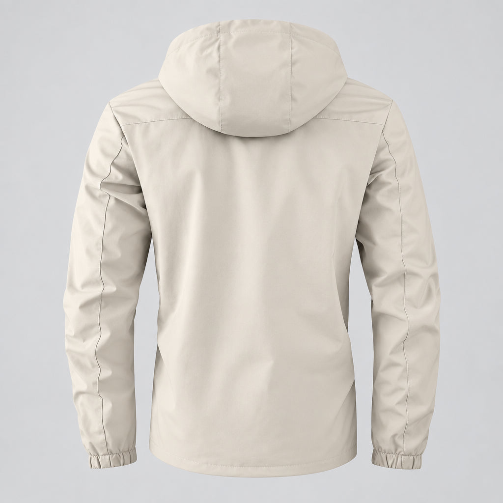 Beige hooded jacket on a light gray background