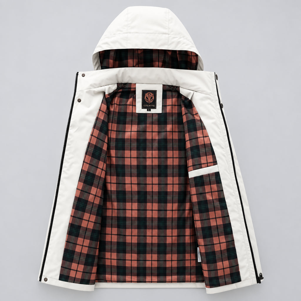 Plaid jacket with white hood against a snowy background