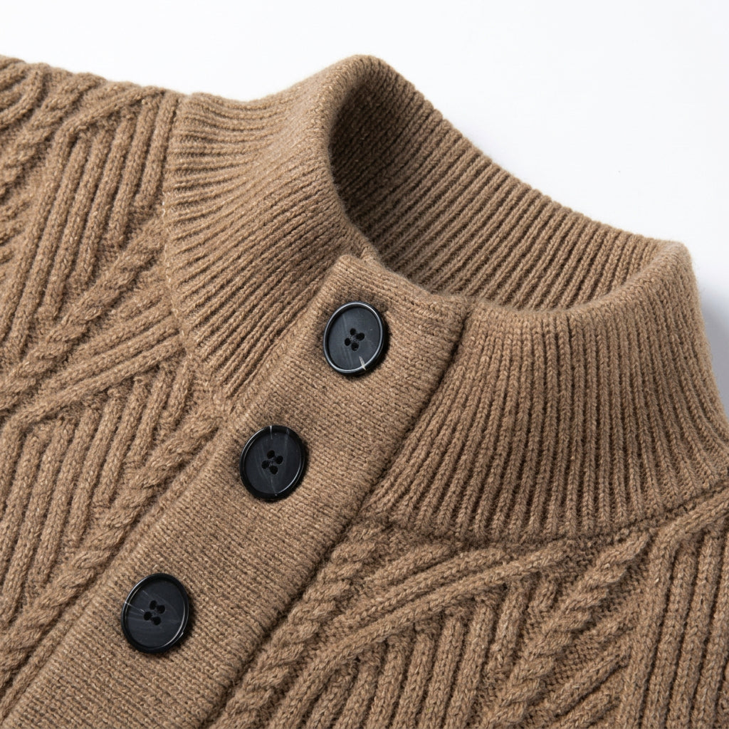 Close-up of a brown ribbed knit sweater with a mock neck and three black buttons, shown on a white background.