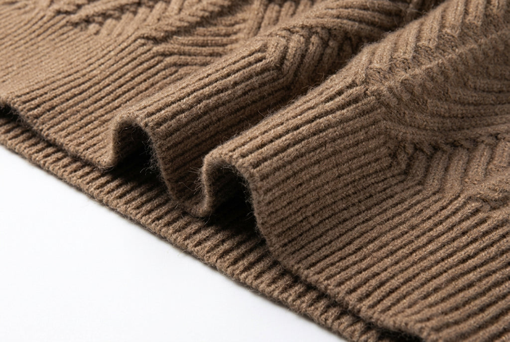 A close-up of a brown ribbed knit fabric, showing the detailed texture and pattern of the knit stitches, draped over a white surface.