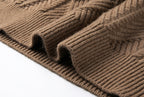 A close-up of a brown ribbed knit fabric, showing the detailed texture and pattern of the knit stitches, draped over a white surface.
