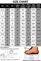 A size chart table for footwear showing conversions between US, EU, UK, and Lable Size, with foot length and foot width measurements in inches and centimeters. The chart includes a small diagram of how to measure foot length and width, plus a colored illustration of a shoe labeled with measurement areas.