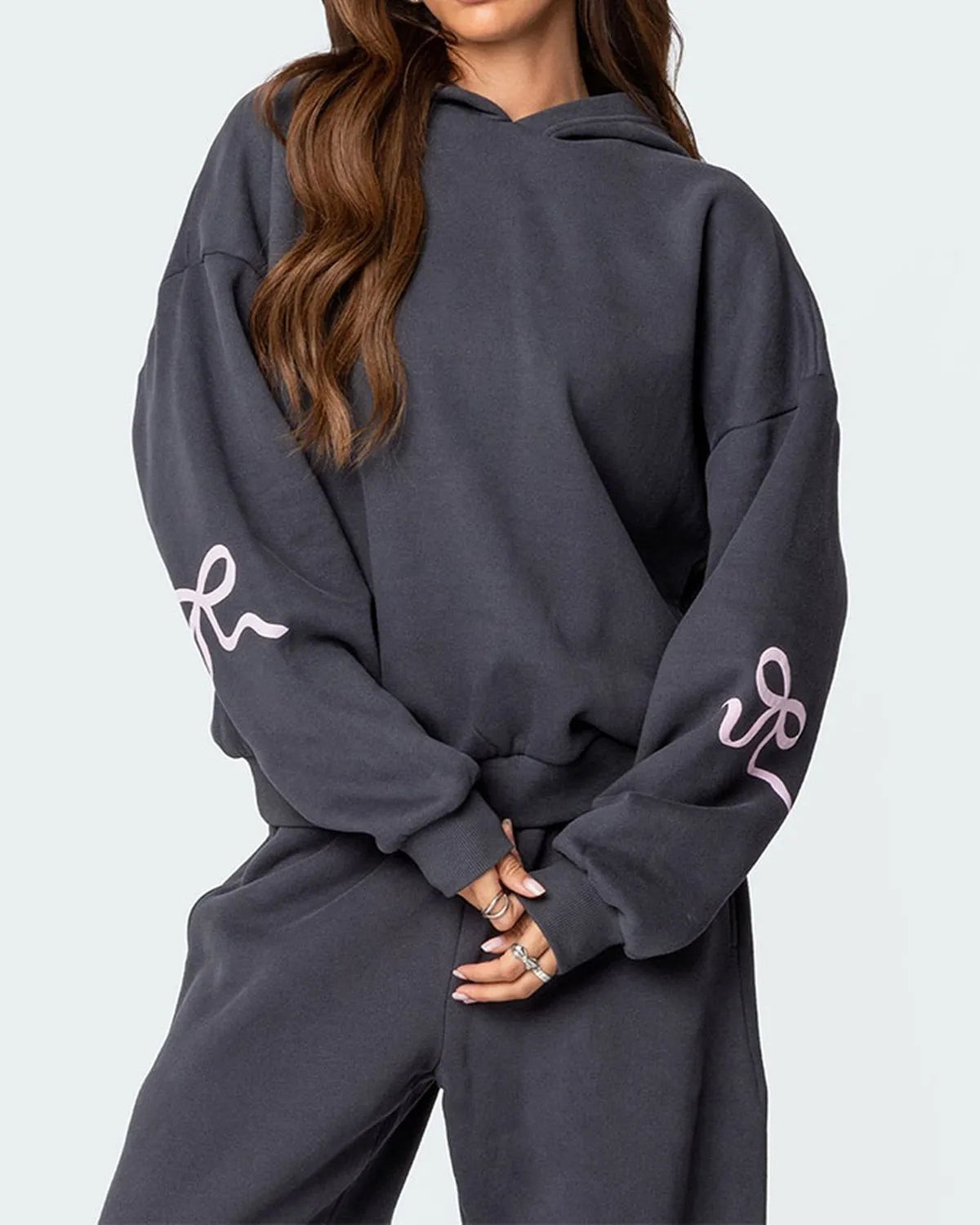 Women's 2-Piece Bow Print Hoodie & Wide Leg Pants Set – Casual Tracksuit Outfit