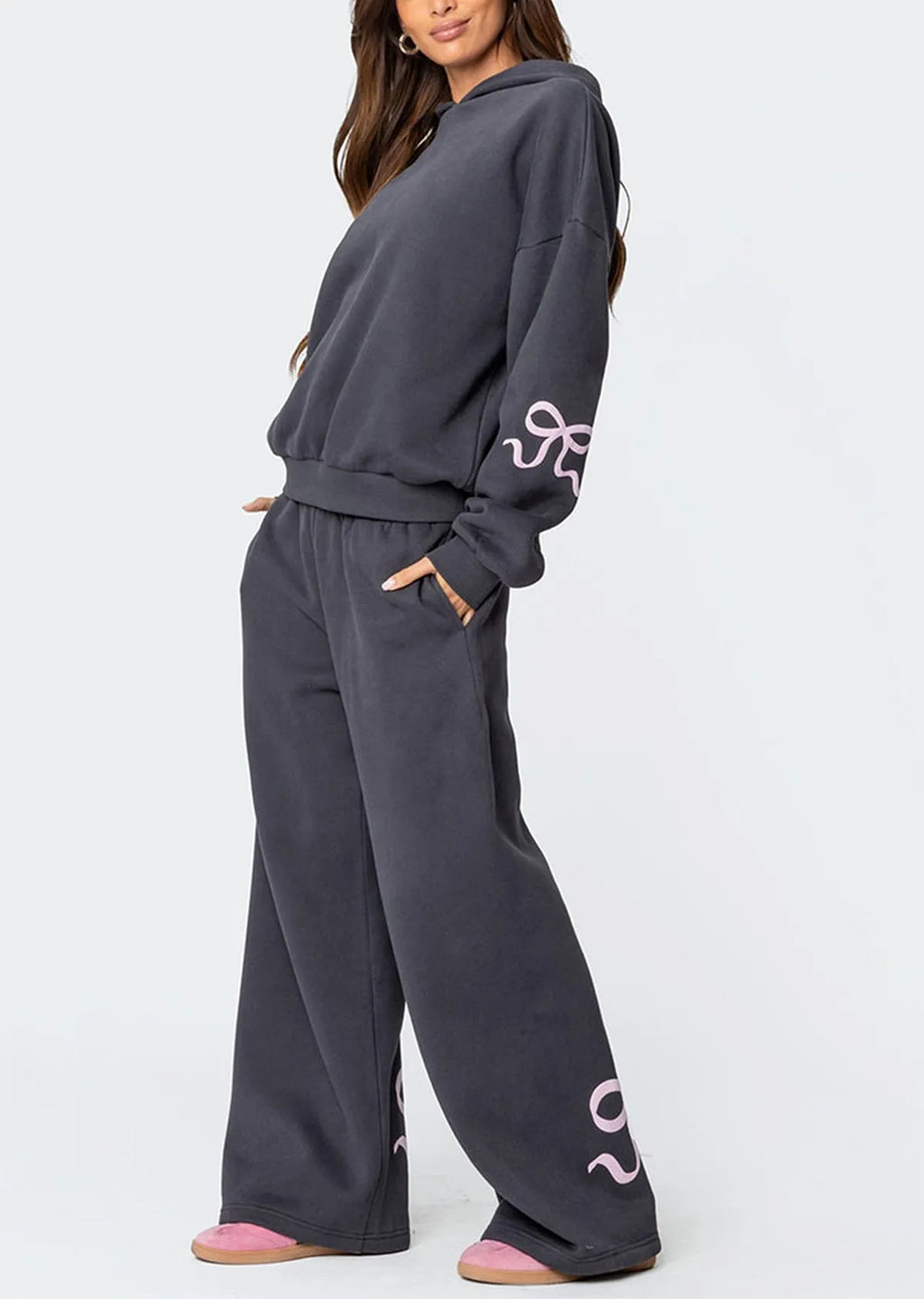 Women's 2-Piece Bow Print Hoodie & Wide Leg Pants Set – Casual Tracksuit Outfit