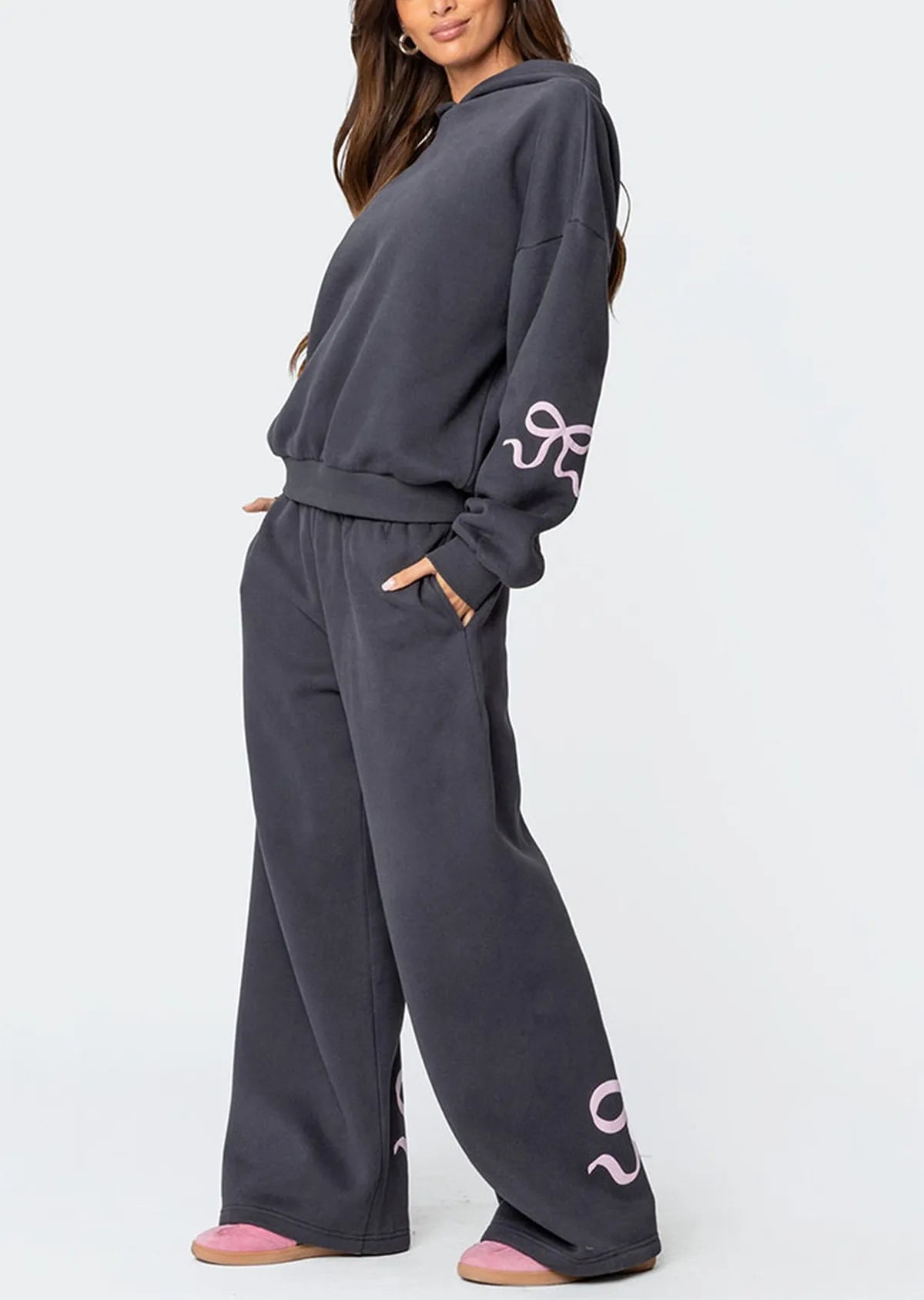 Women's 2-Piece Bow Print Hoodie & Wide Leg Pants Set – Casual Tracksuit Outfit