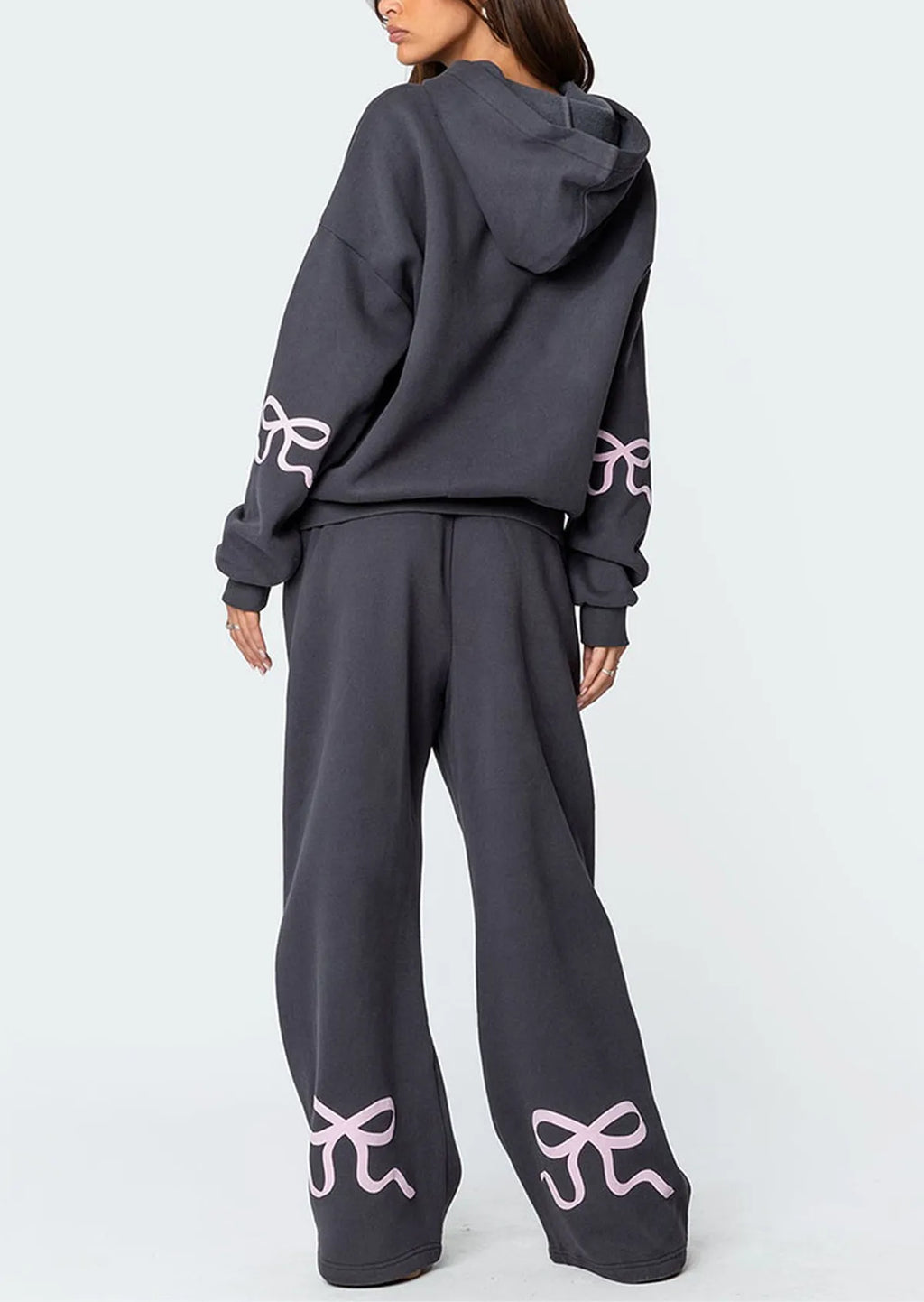 Women's 2-Piece Bow Print Hoodie & Wide Leg Pants Set – Casual Tracksuit Outfit