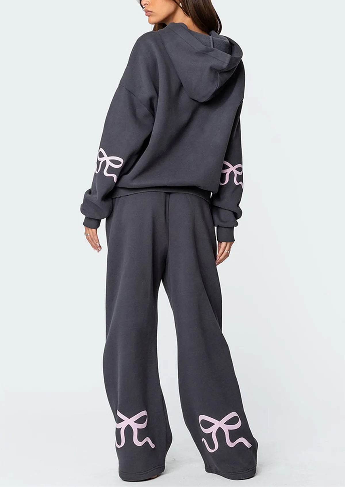 Women's 2-Piece Bow Print Hoodie & Wide Leg Pants Set – Casual Tracksuit Outfit