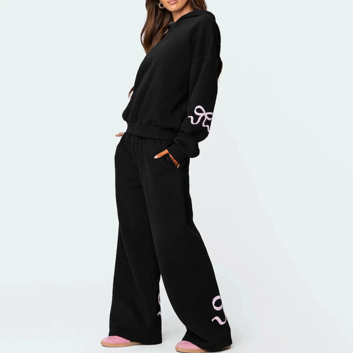 Women's 2-Piece Bow Print Hoodie & Wide Leg Pants Set – Casual Tracksuit Outfit