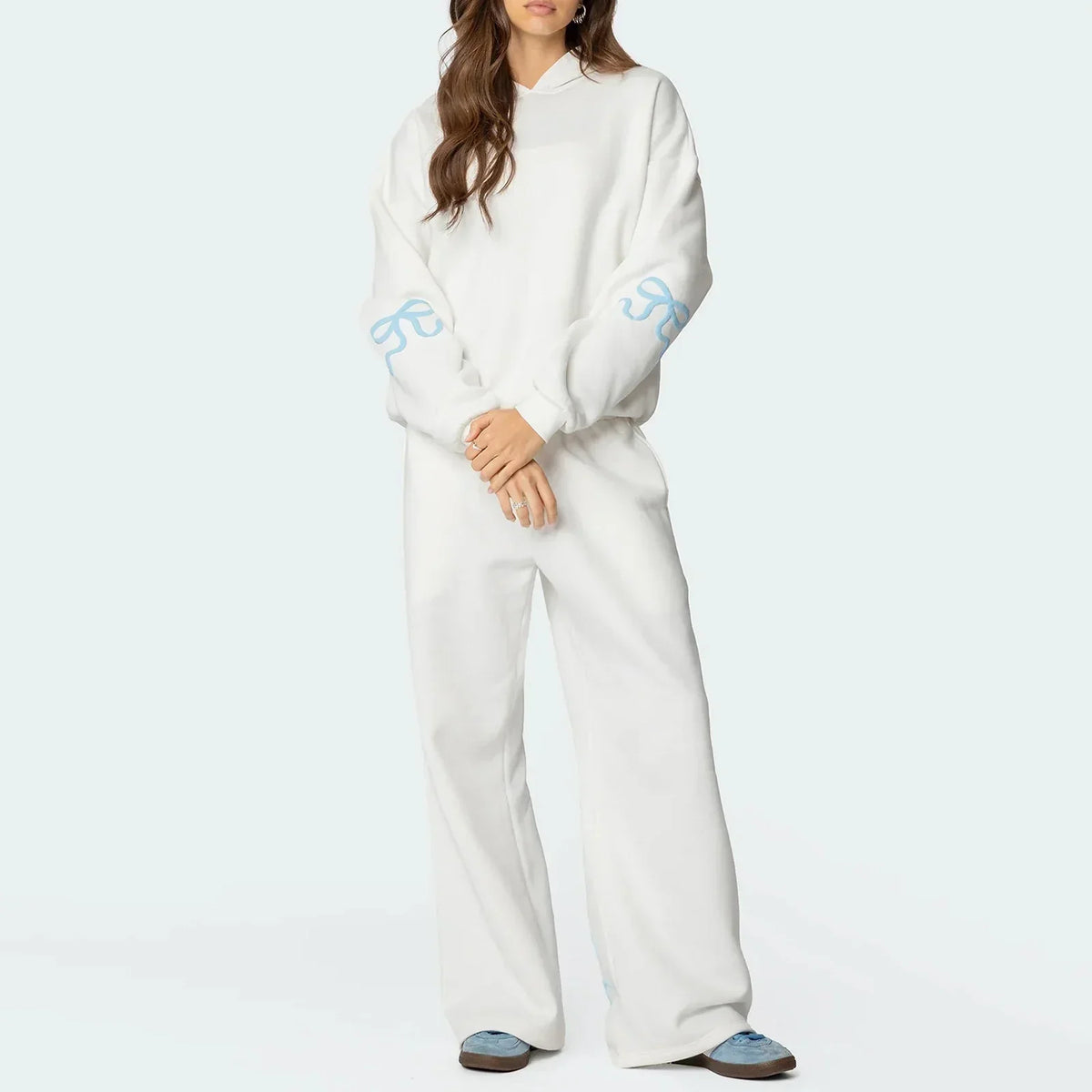 Women's 2-Piece Bow Print Hoodie & Wide Leg Pants Set – Casual Tracksuit Outfit