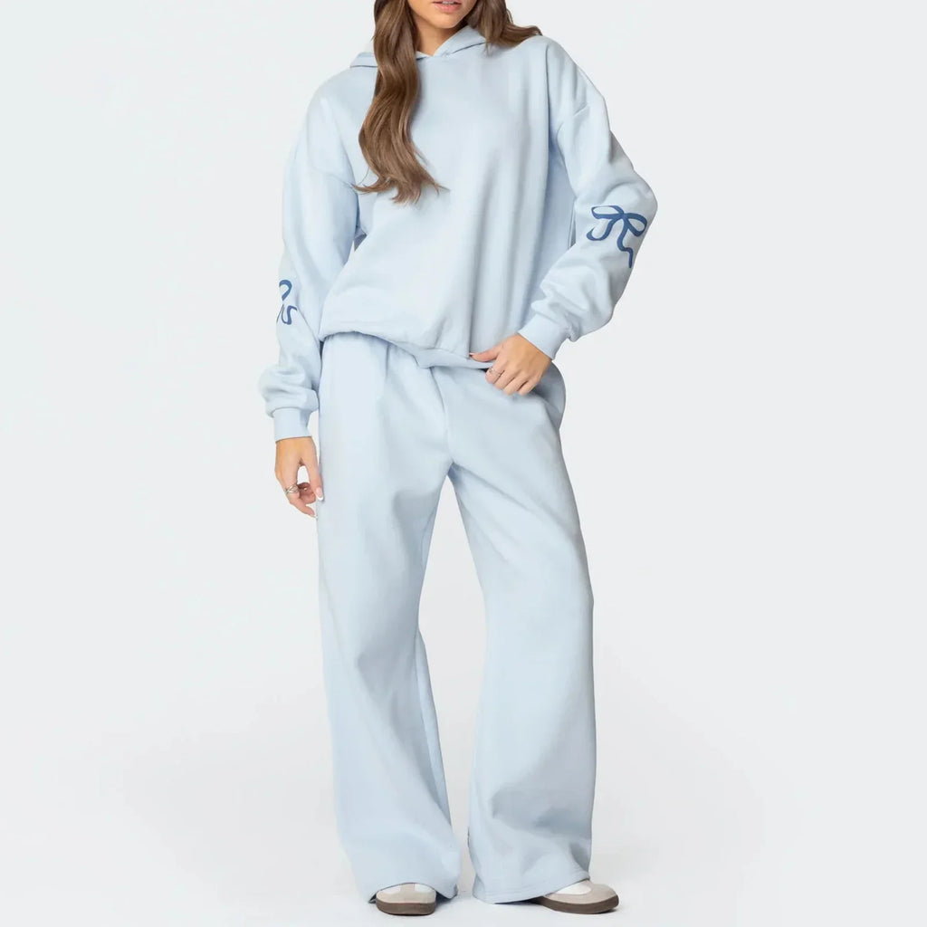 Women's 2-Piece Bow Print Hoodie & Wide Leg Pants Set – Casual Tracksuit Outfit
