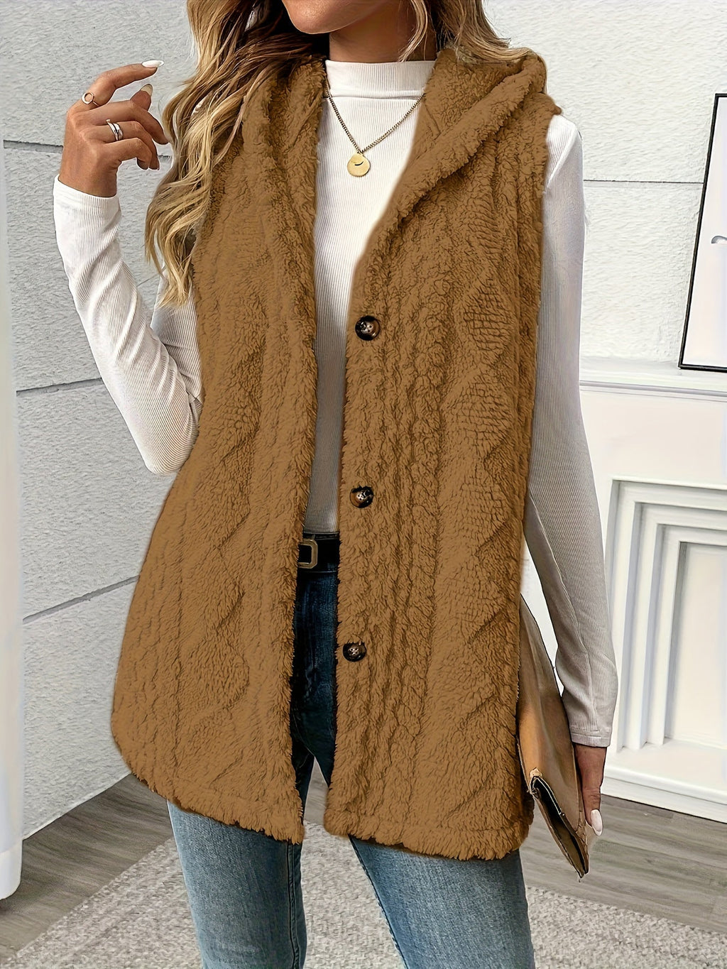 A woman wearing a brown cable-knit hooded sleeveless vest over a white long-sleeve top and blue jeans, standing indoors against a light gray wall.