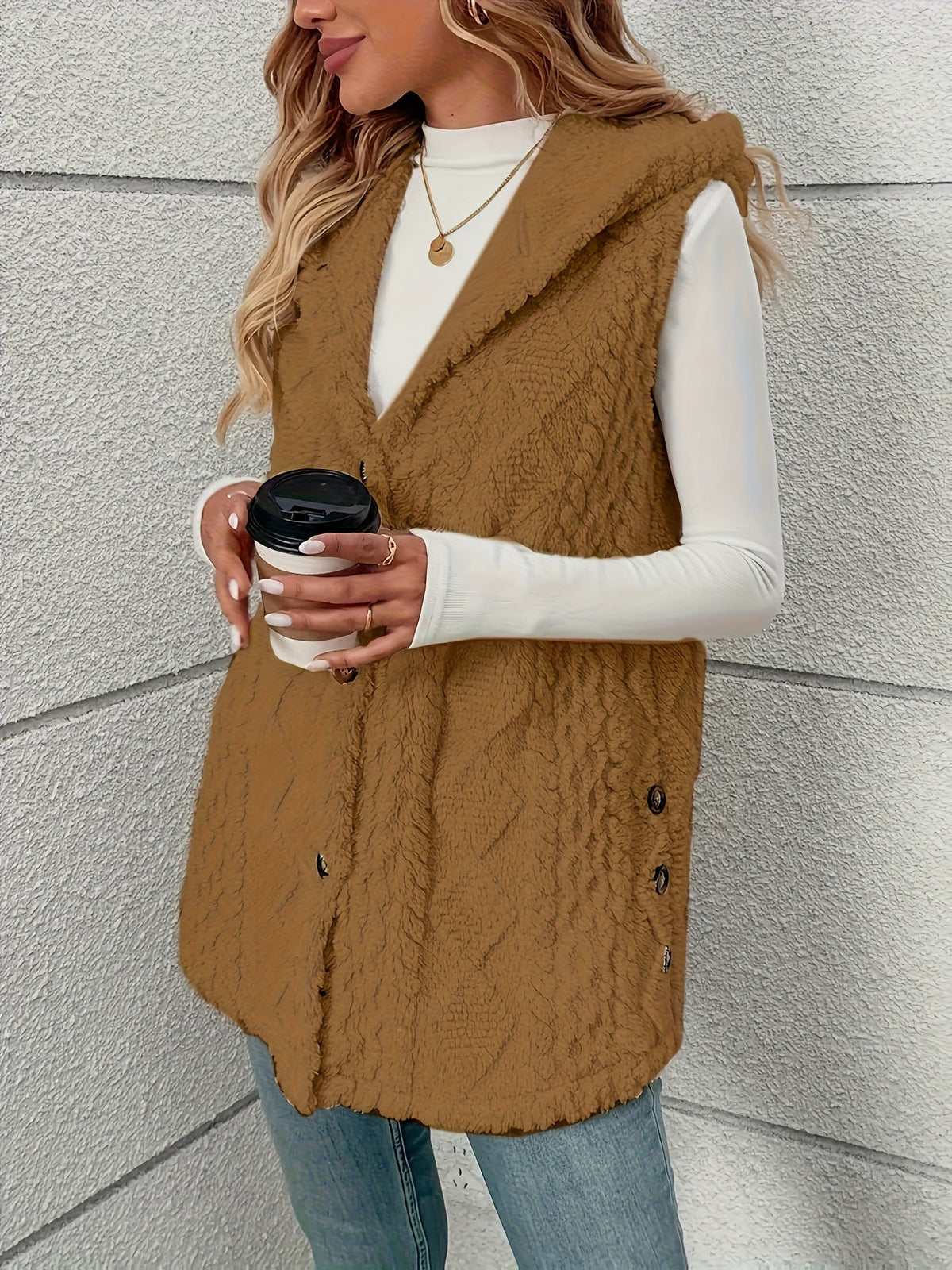 A woman wearing a brown cable-knit sleeveless vest over a white long-sleeve top and blue jeans, holding a coffee cup against a light gray textured wall.