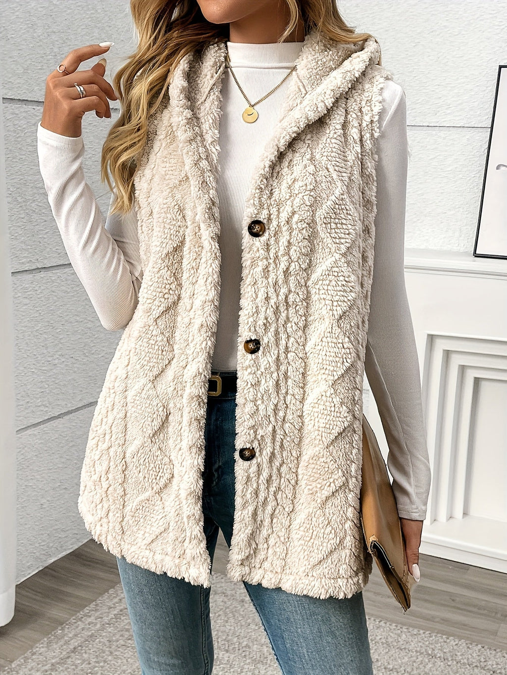 Person wearing a beige sherpa vest with buttons indoors.