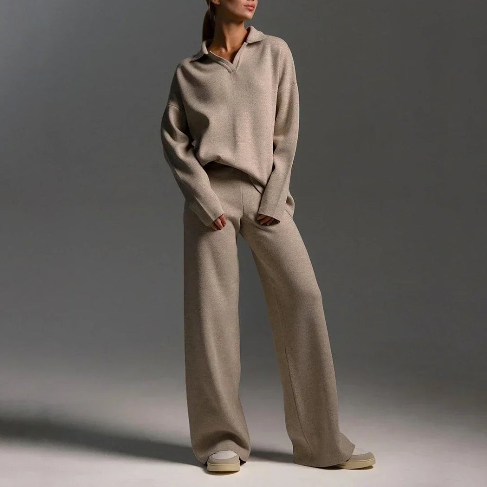 Women's Cozy Relaxed Fit V-Neck Sweater and Wide-Leg Pants Set