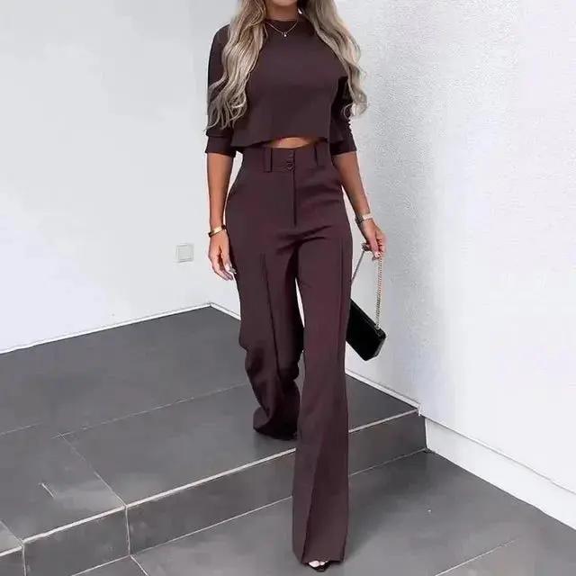 Women's Cropped Top & Trousers Set | Cozy Two-Piece Outfit