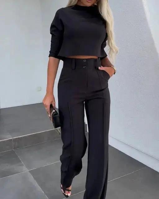 Women's Cropped Top & Trousers Set | Cozy Two-Piece Outfit