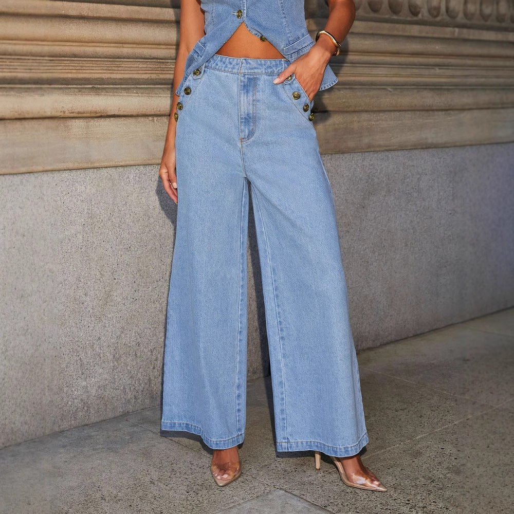 Women's Denim Vest & Wide-Leg Trousers Set | Denim Suit