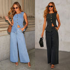 Women's Denim Vest & Wide-Leg Trousers Set | Denim Suit