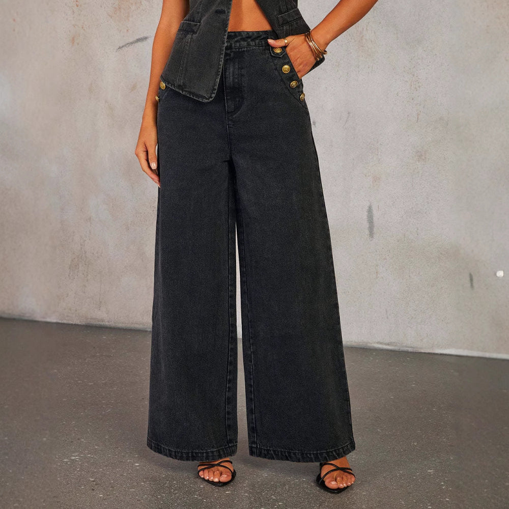 Women's Denim Vest & Wide-Leg Trousers Set | Denim Suit
