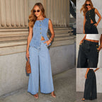 Women's Denim Vest & Wide-Leg Trousers Set | Denim Suit