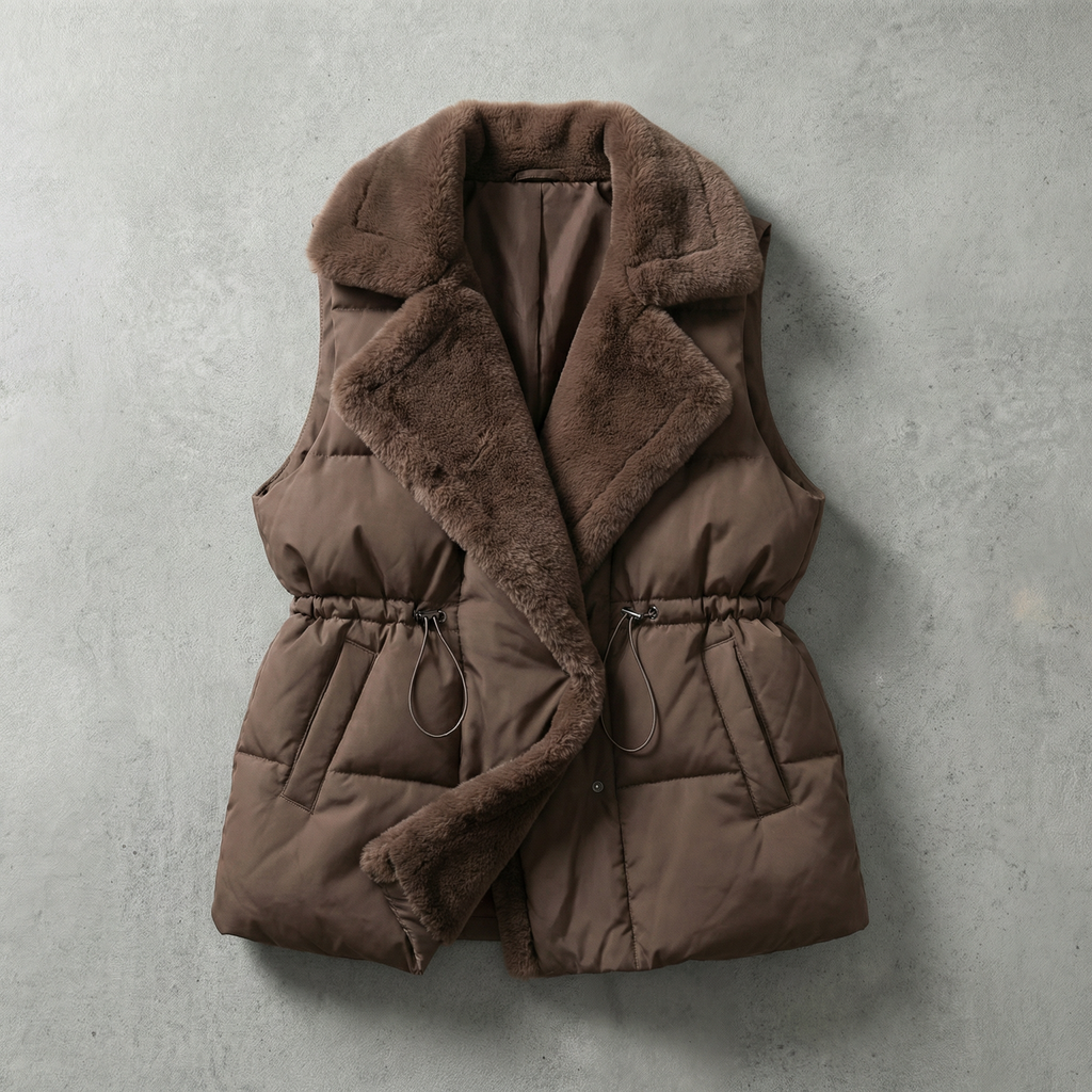 Brown puffer vest with fur trim on a gray background